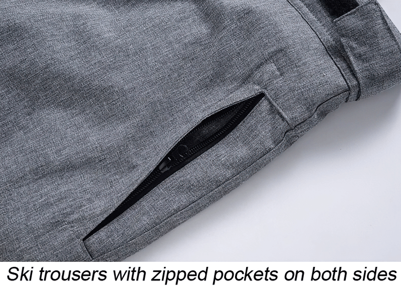 Close-up of grey ski trousers featuring convenient zipped pockets on both sides.